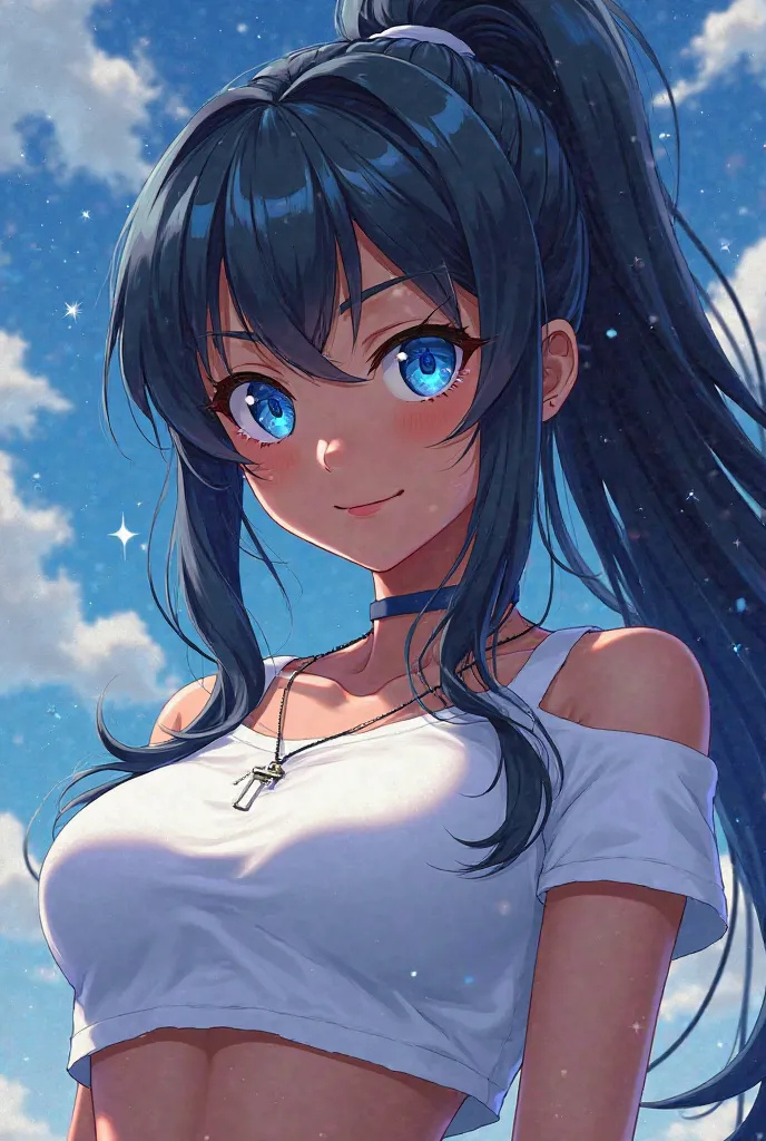 Write a message: Create an anime image of a 15-year-old dark-skinned starry blue eyes long ponytail hair looking confident wearing a white cropped.