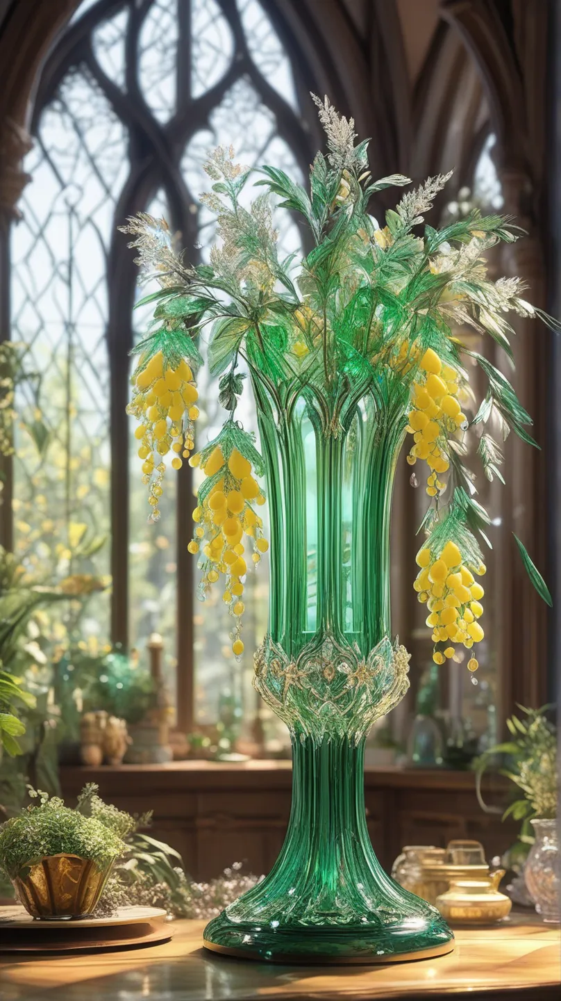   Made of clear green gothic glass crystal glass、There are so many beautiful mimosas that are very long, Narrow base  ,There are so many beautiful mimosas  , soul,  fairy tale, soul、soul,   colorful  ,  gold,  Cinematic pastel lighting  , 8k,  Bage design ...