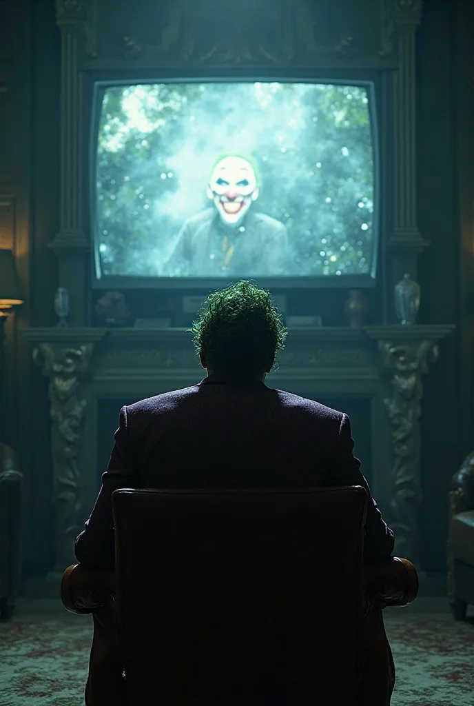 Le joker qui regarde une très grande télévision en hauteur dans un salon très sombre