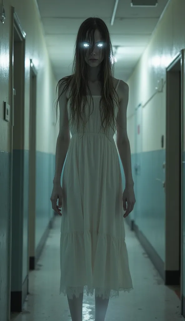 A pale, whitish spirit figure with long, wet hair partially covering her face, wearing a white dress. Her eyes shine beneath her hair. The setting is a cold corridor in an isolated school. The figure is floating towards the bathroom.