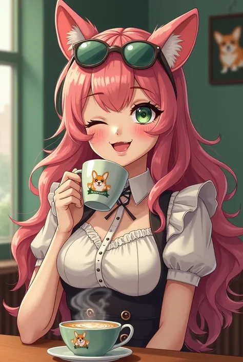 emerald green and red gradation background、old cafe 、Femboy maid with long pink wavy hair, One eye blinks、With an ecstatic look、green eyes。 Drink steaming coffee、Many cute corgi posters with tattooed sunglasses