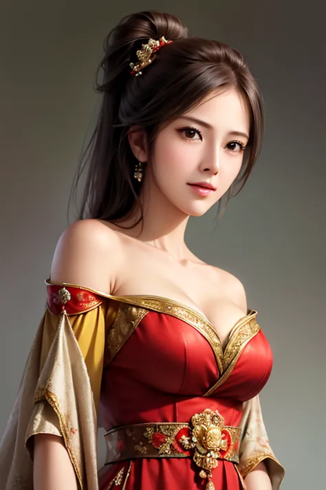 The upper body of a female warrior wearing red and gold armor and cloak, 1 person, cute ponytail ,Age 30, (((Real Face))), slightly larger breasts and cleavage, exposes cleavage,Scary face,  very fine face and skin texture , staring at camera,   Chinese Wa...