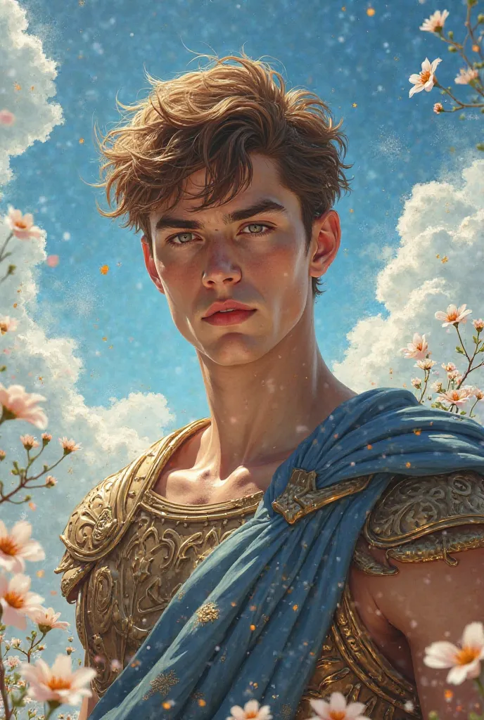 image of an 18-year-old boy with medium brown hair with honey-colored eyes with short hair with defined facial features wearing warrior combat costume with flowers of the Greek god and sky background