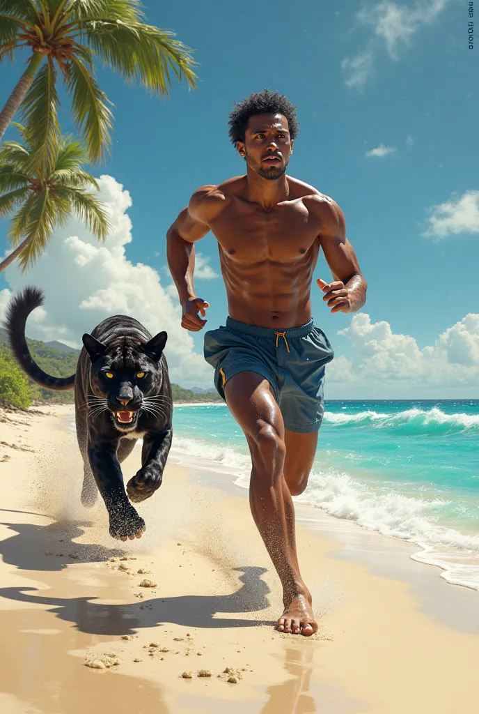 Caribbean athlete runs along the beach in panic in front of panther