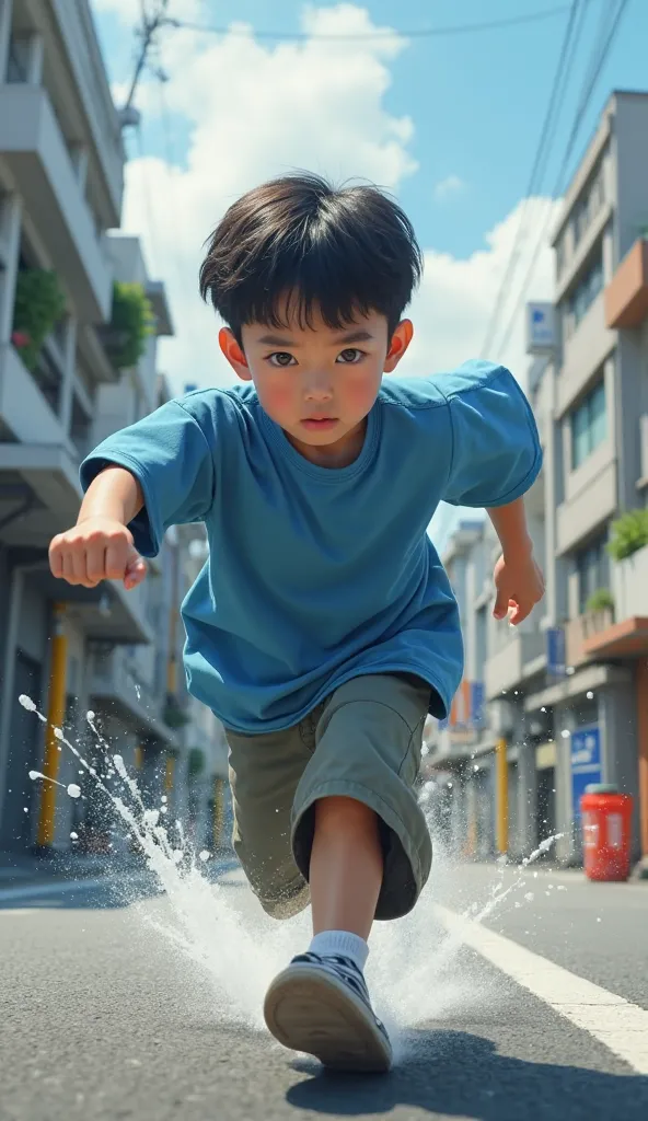 A  Korean boy wearing a blue t-shirt, running and shouting to warn residents that there will be a tsunami. The image is very realistic.