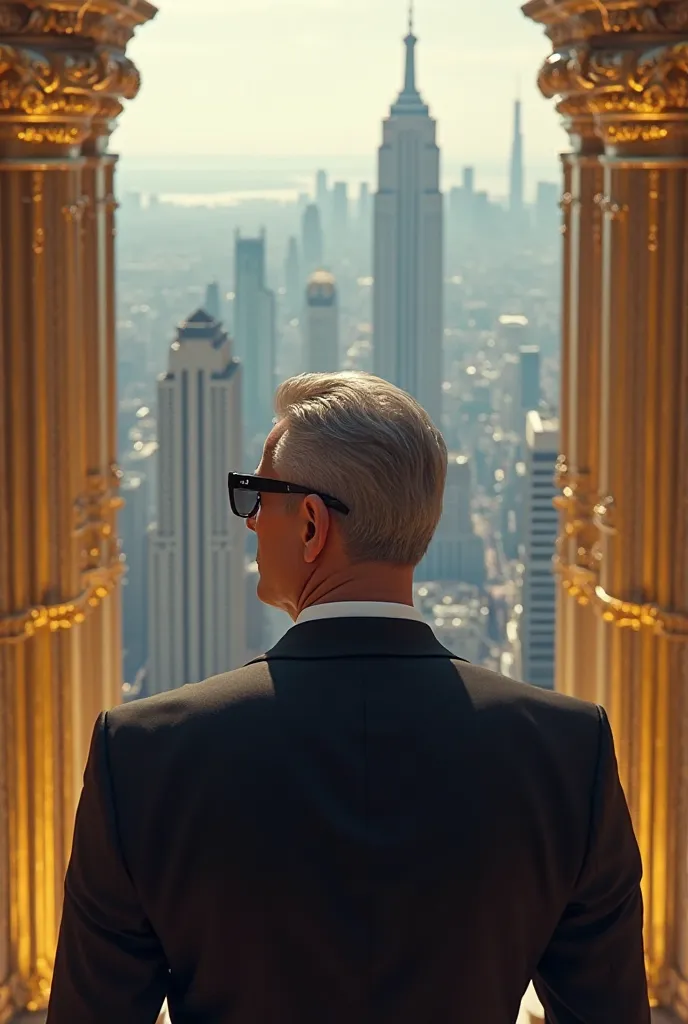 A trillionare with black sunglasses in a gold biggest building with black suit watching a city of big building 