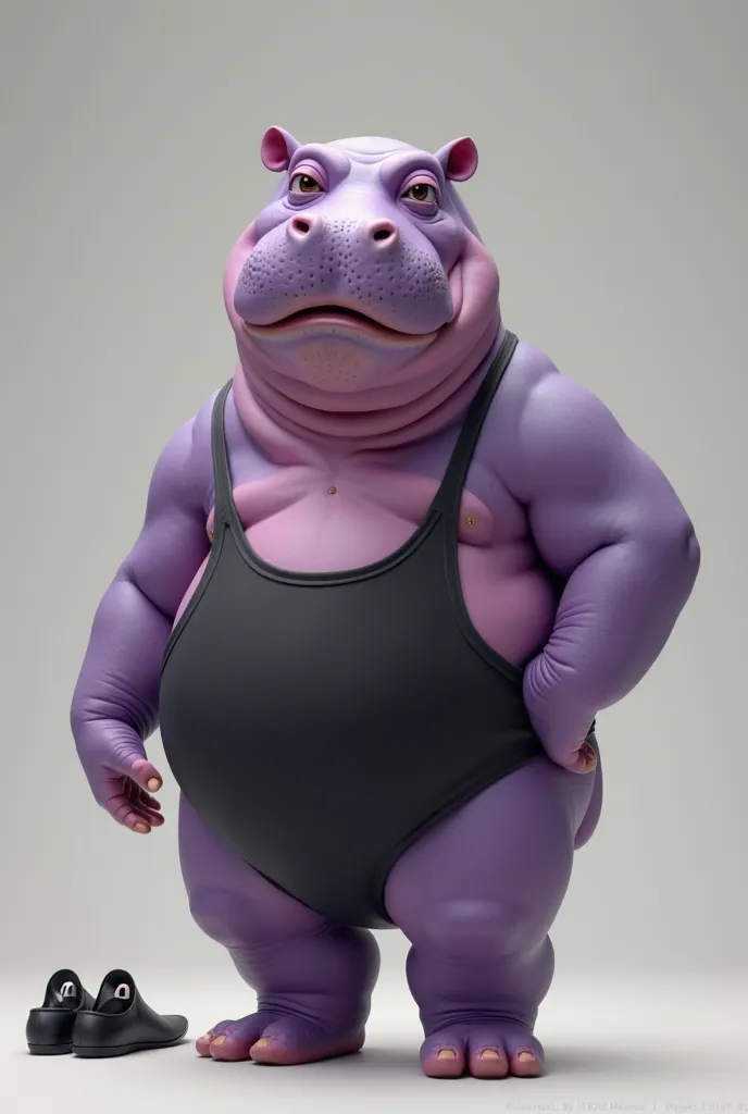 Create an image of a purple hippopotamus standing on two legs wearing a black swimsuit the face has to be funny without a bikini a slipper on the foot please I created this image