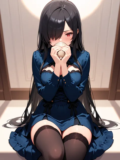 8k,masterpiece, best quality, ultra detailed, high resolution, super fine illustration, extremely detailed, 1girl, solo, red eyes, black hair, hair over one eye, medium breasts, dress, skirt, thighhighs, hiding own face with a shell,