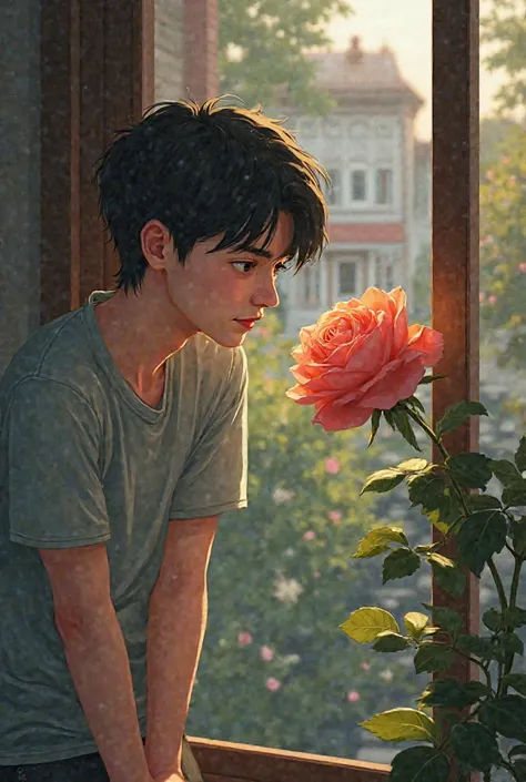 A young man is looking at a blooming rose from the window of his house next door