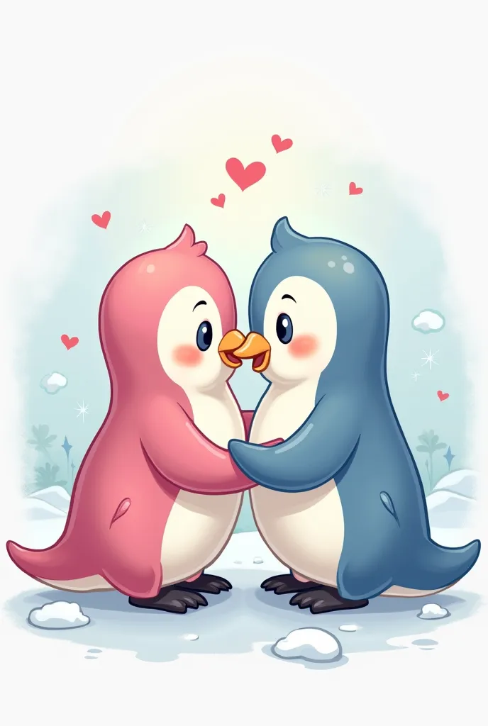 Disney version cartoon design of two penguins in love, one pink and one blue with a heart in the middle 