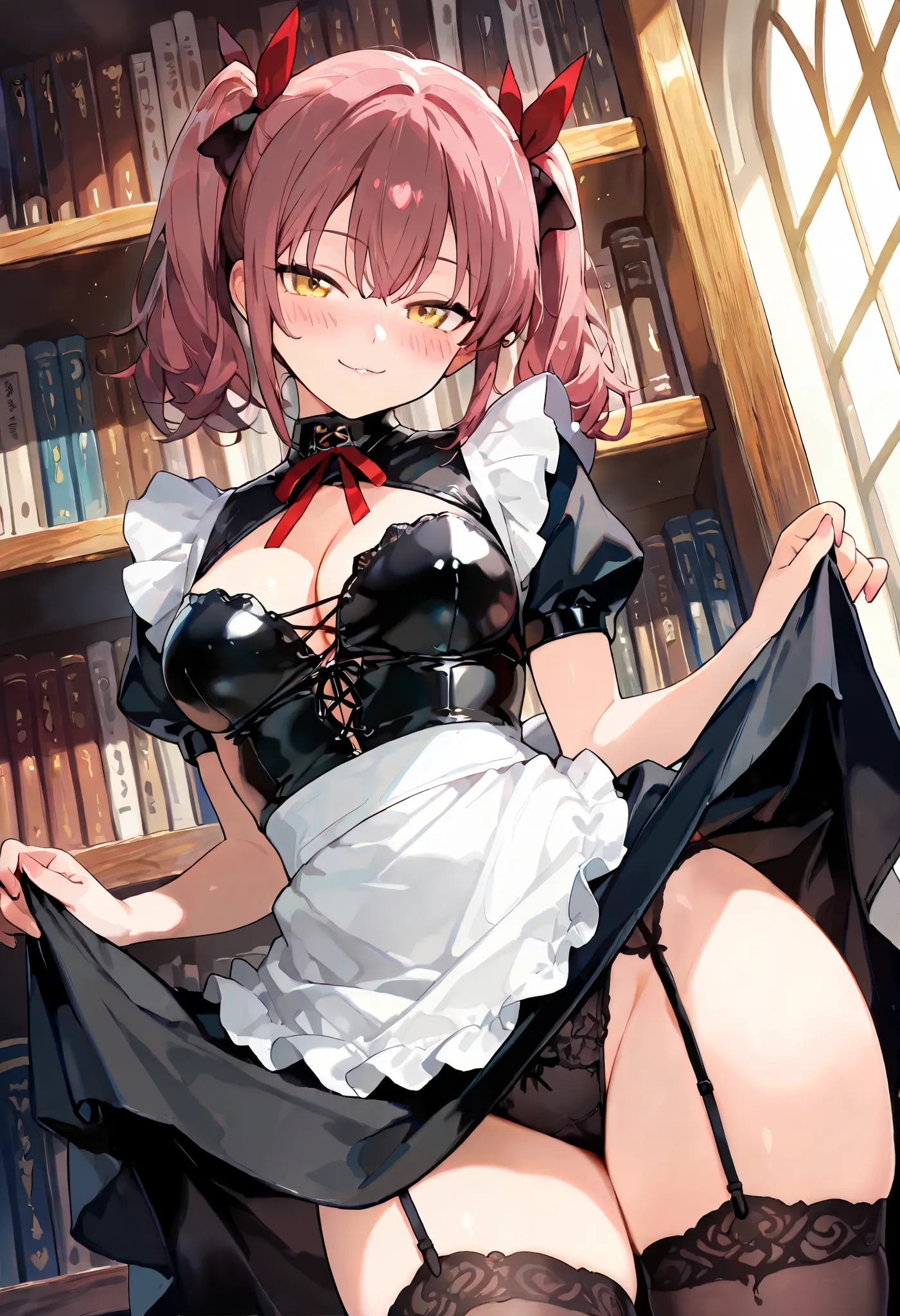 1 woman, solo, dutch angle, from below, dark pink hair, short hair, double ponytails, golden eyes, medium breasts, red ribbon, black leather top, cleavage, maid apron, black underwear, thigh high stockings, thicc thighs, seductive pose, library, seductive ...