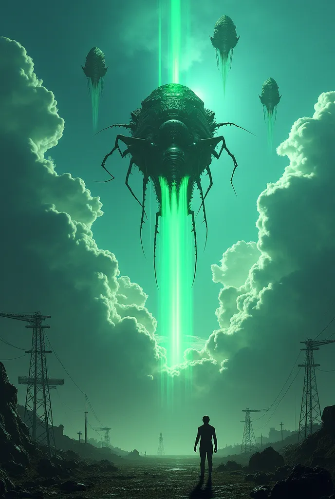 I see the sky and there are a lot of terrifying things: rare giant insects, gigantic spaceships, And green lights that I don't understand