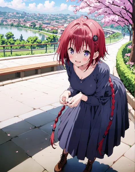 Kurosaki's thing , Alone,stupid hair, blue eyes, knitting glasses, hair intake, sngle braid,HAIR ACCESSORY, red hair, hair knitting glasses, smile,blush,open your mouth,Medium breast, oversized v neck sweater long sleeve,long skirt,short boots, bench,Beaut...