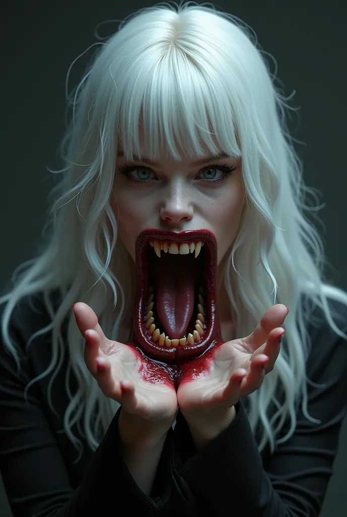 female character with white hair, but inside her hand in her palm has a mouth with teeth and tongue RPG character