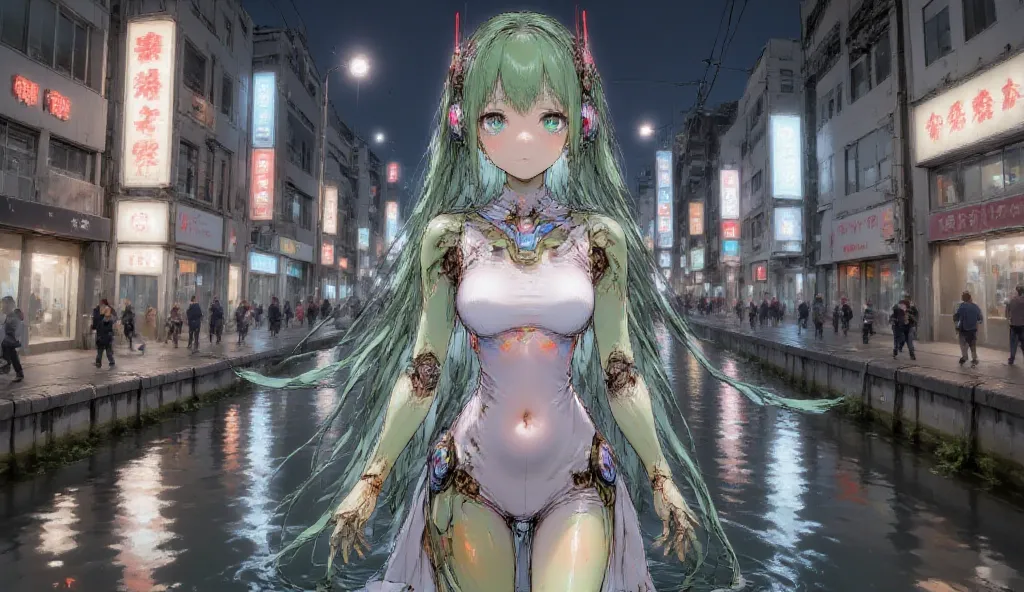 A vibrant digital illustration from a full-body frontal camera angle featuring a character with green skin and long, flowing green hair, standing in a river surrounded by the city lights of Akihabara. She is gigantyc, like a city size, The image conveys a ...