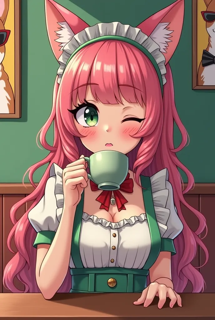 emerald green and red gradation background、old cafe 、Femboy maid with long pink wavy hair, One eye blinks、With an ecstatic look、green eyes。 Drink steaming coffee、Many cute corgi posters with tattooed sunglasses