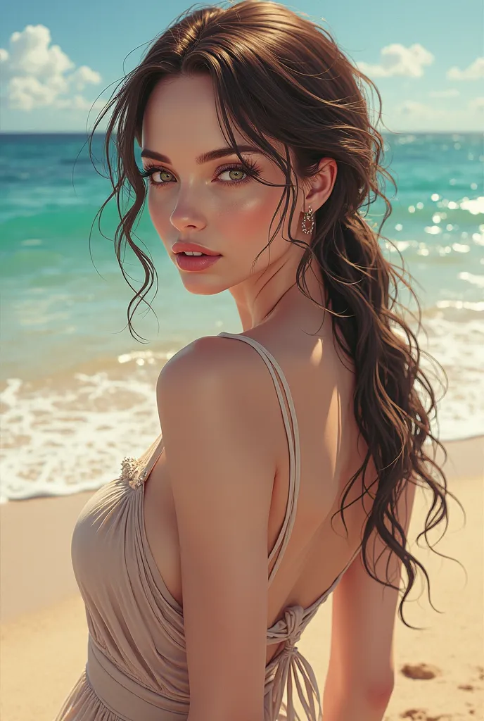 Hyperrealism Anime of (Angelina Jolie:2) on the Beach, (Characteristics: High detail skin, High detail clothes, High detail face, High detail body, High detail textures, High quality, High definition, 4k, UHD, High detail girl, High complexion female, High...