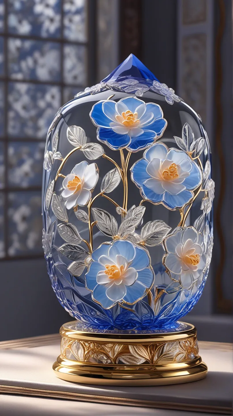   Made of clear blue Satsuma Kiriko crystal glass、 There are lots of very long beautiful camellias , Narrow base  ,There are many beautiful camellias  , soul,  fairy tale, soul、soul,   colorful  ,  gold,  Cinematic pastel lighting  , 8k,  Bage design   、Pr...