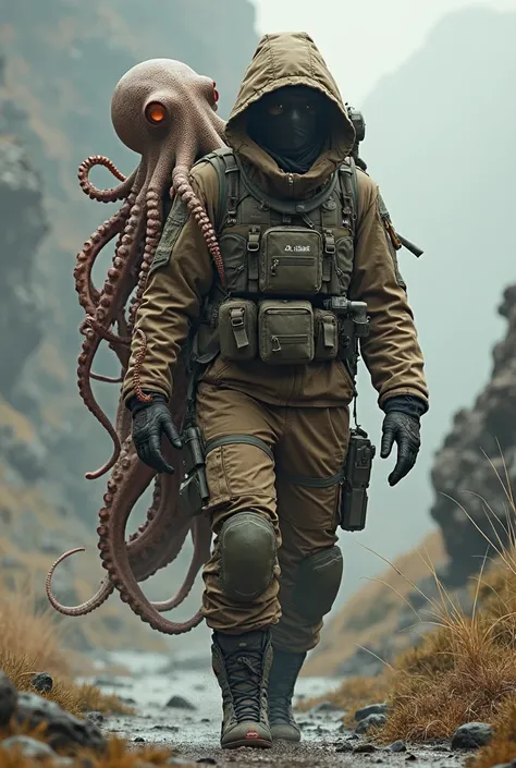 A futuristic explorer, dressed in sturdy tactical equipment with backpacks and heavy equipment, walks through an unknown landscape. His face is completely hidden by a hood and mask, adding an air of mystery. Clinging to it is an intelligent octopus, its te...