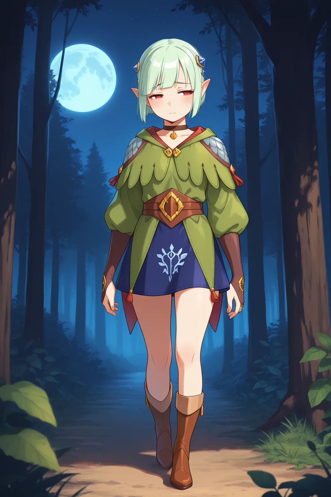 masterpiece, best quality, 1girl, solo, mhsena, mint green hair, short hair, blunt bangs, pointy ears, red eyes, hair ornament, choker, green tunic, puffy long sleeves, brown belt, blue skirt, brown bridal gauntlets, brown boots, full body, forest, moon, n...