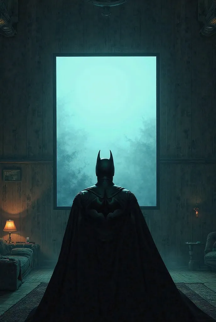 Batman qui regarde une grande télévision en hauteur dans un salon très sombre