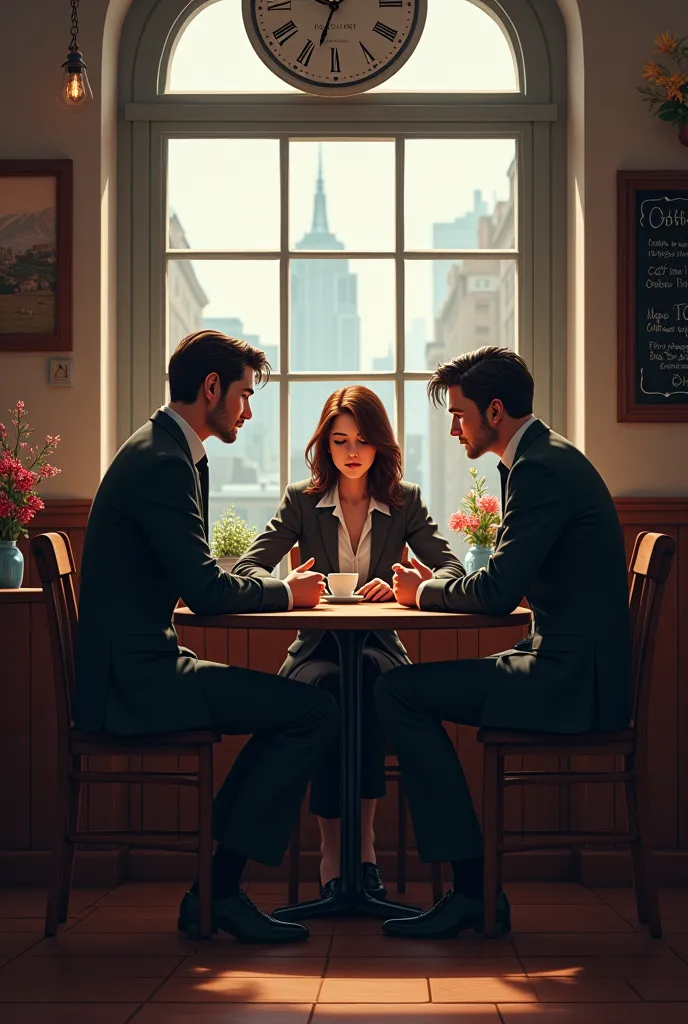 Two detectives are talking to a lady in a cafe 