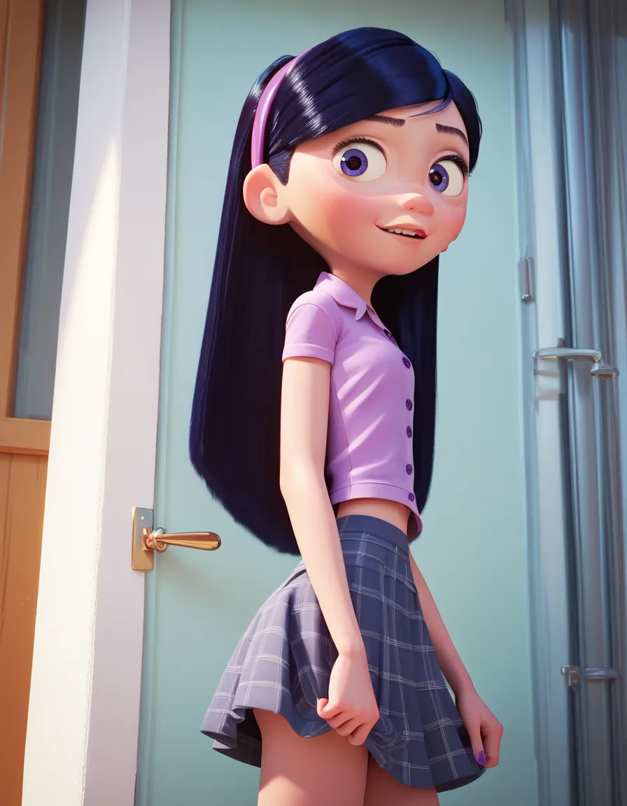 violet parr,young girl,ultra-detailed, 8K, UHD, HD, high resolution, sharp focus, crisp details, best quality, girl, looking at the viewer, sexy, ((wearing a slutty skirt))