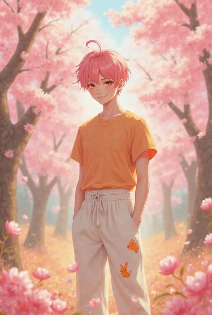 Image of a handsome 18-year-old boy with pink hair, honey-colored eyes, wearing a light orange shirt and wide white pants with light orange rabbits on the background of sakura trees