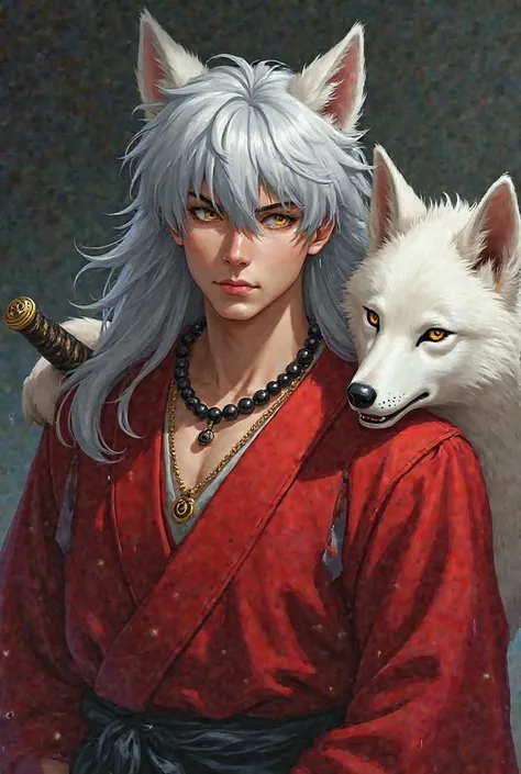  dark fantasy digital painting illustration subrealistic . Inuyasha Japanese male and stocky dynamic pose, with dog ears, Yellow eyes,   long silver hair, red kimono with a black pearl necklace with two fangs, With the sword steel fang with the handle in t...