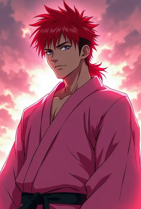  from anime, male, Red hair, with light pink blouse, With the face of a bad boy. He has a haircut called Mullet. Put him in a pink karate fighter's kimono