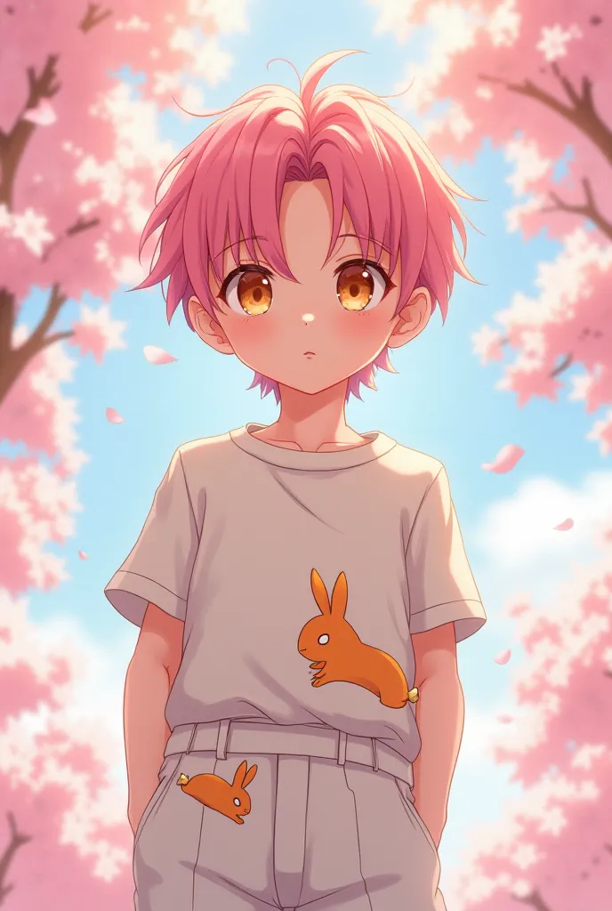 Image of a handsome 18-year-old boy with pink hair, honey-colored eyes, wearing a light orange shirt and wide white pants with light orange rabbits on the background of sakura trees
Anime style