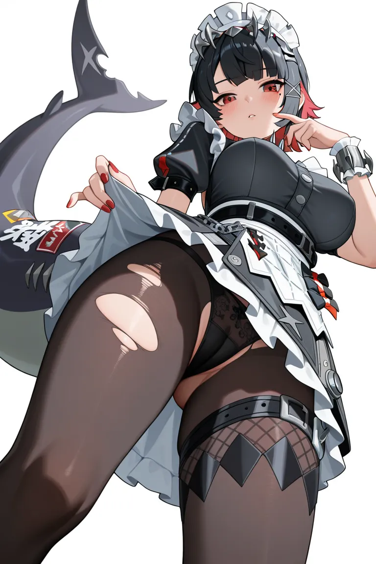 ellen joe,zenless zone zero,1girl,ass,ass visible through thighs,black dress,black hair,black panties,blush,breasts,cameltoe,colored inner hair,dress,finger to mouth,fins,fish tail,frilled wristband,from below,hand up,large breasts,looking at viewer,lookin...