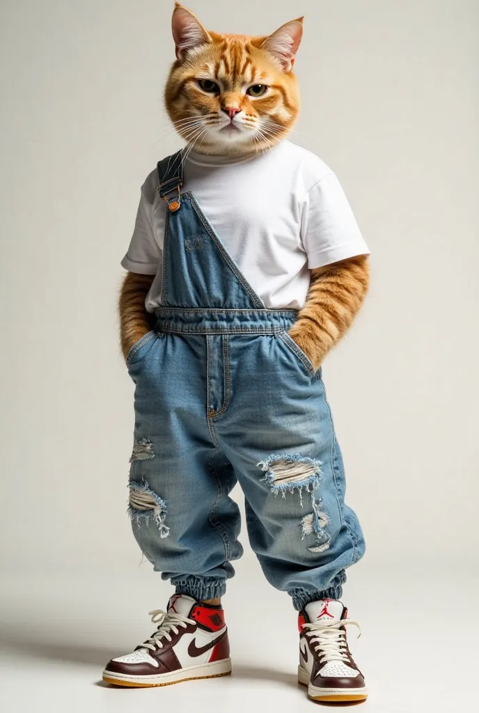 A stylish cat wearing denim jorts, Jordan Dior sneakers, and a white T-shirt. The cat has a confident pose, standing with a cool attitude. The fur is sleek and well-groomed, and it has a slight smirk, adding to its fashionable personality. The background i...