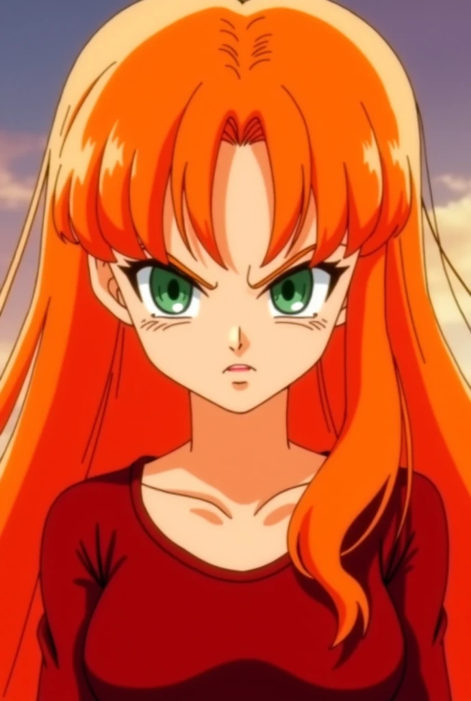 Screenshot Dragon ball z. 20 year old girl with long straight orange hair, green eyes with long eyelashes, expression of anger. front view, full body view. high definition. anime style. Dragon Ball Z style animation. 