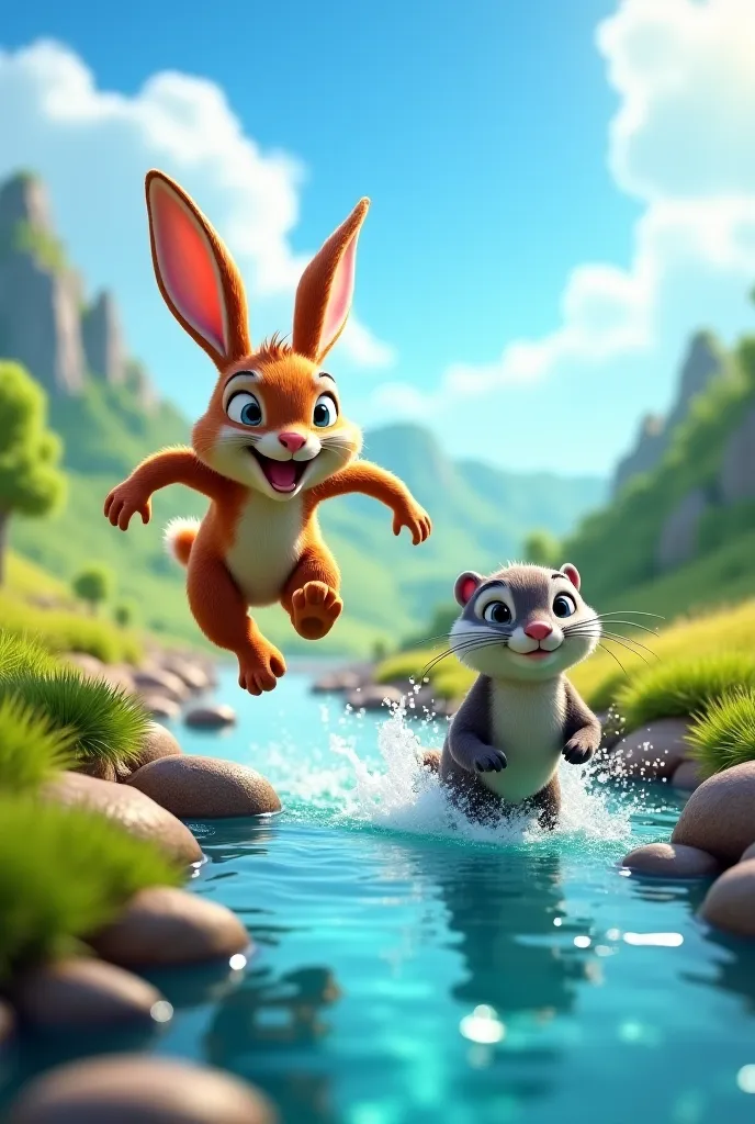 High-energy adventure scene, anthropomorphic rabbit and otter racing through nature, Max the rabbit leaping over stones, Acqua the otter swimming swiftly in a sparkling river, lush green valley, bright blue sky, fantasy storytelling style, dynamic motion, ...