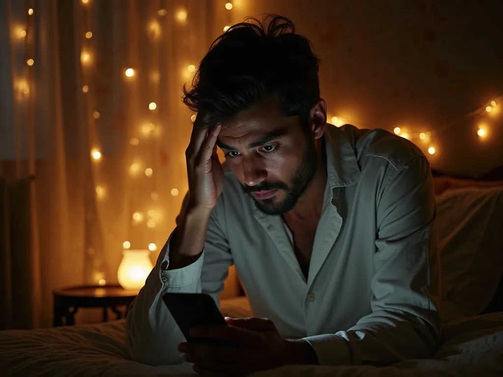 "A dimly lit bedroom with Ramadan-themed decor, featuring golden lights reflecting off the walls. A man, still in his pajamas, rubs his eyes as he picks up his phone. His face gradually changes from confusion to shock as he realizes his picture is trending...