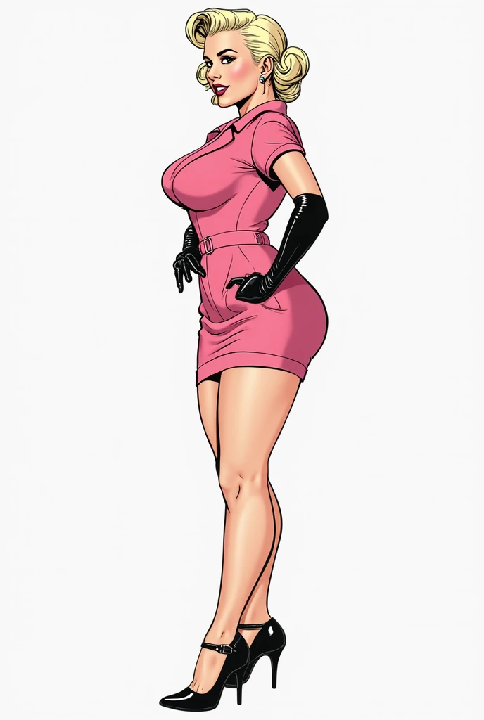 Side view of a manga-style drawing of a plump, luxurious Marilyn Monroe hair-styled woman putting off her heels in a pink short-sleeved suit and very short miniskirt, wearing black high heels and long gloves that reach down to her shoulders.