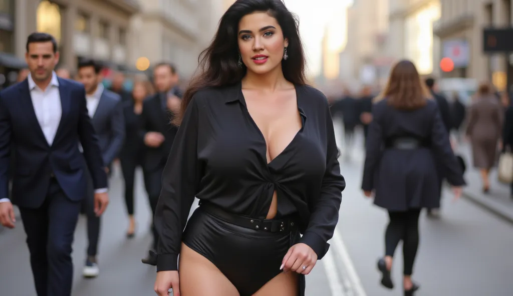 A confident, curvaceous woman with long, wavy black hair walks elegantly down a busy street. She is wearing a stylish black blouse with long sleeves, revealing a delicate cleavage, revealing a bulging waist, paired with minimalist black underwear and high ...