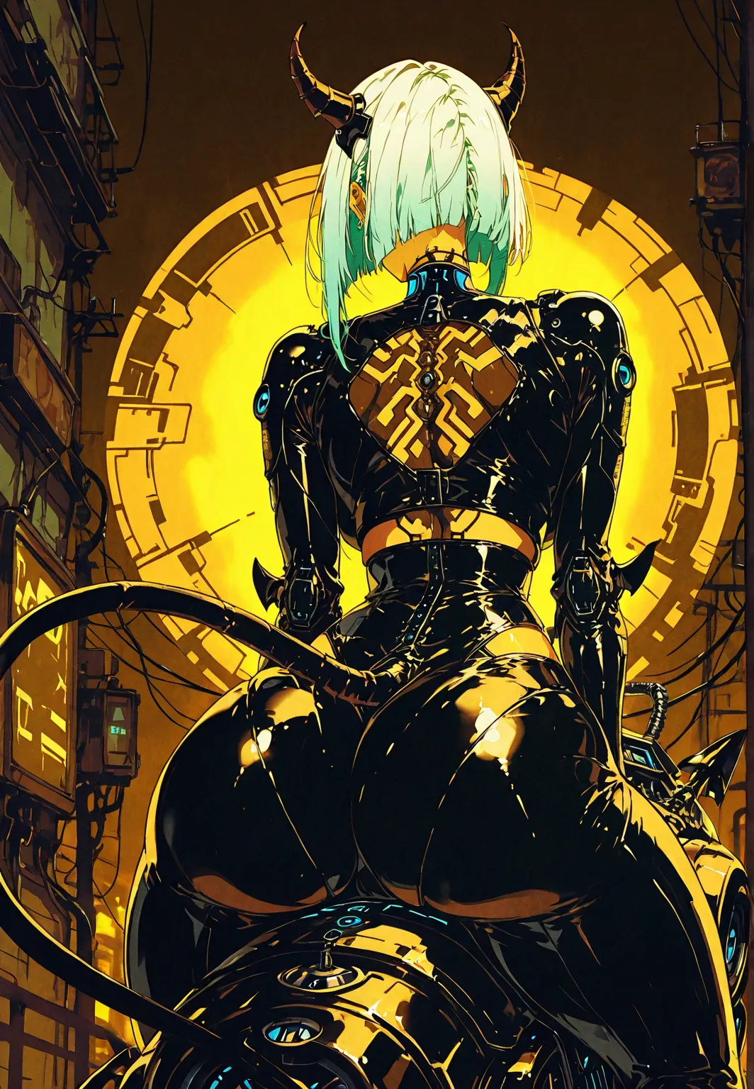  demon girl , yellow-skinned breasts, Horns, TAIL , latex costume,  robotic circuits , breasts, big ass, big hips, devices futuristic, aggressive, brown, ((riding a futuristic motrocycle)) . Background: cyberpunk city. dark atmosphere. front view.