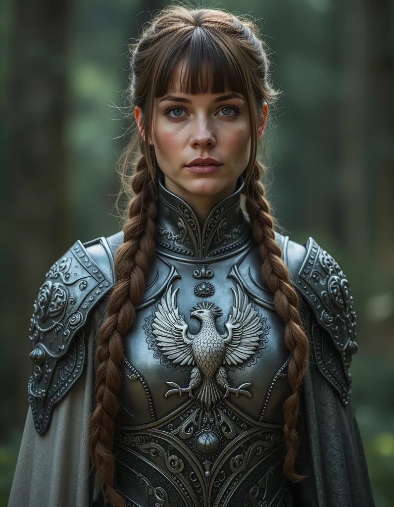 photography, detailed,  Fantasy background , , foreground:  a woman, 40 years old, (wrinkles:0.75),  with a filigree wizard's armor depicting a silver eagle, European, long hair with front bangs, side bangs, and a long, braided ponytail 