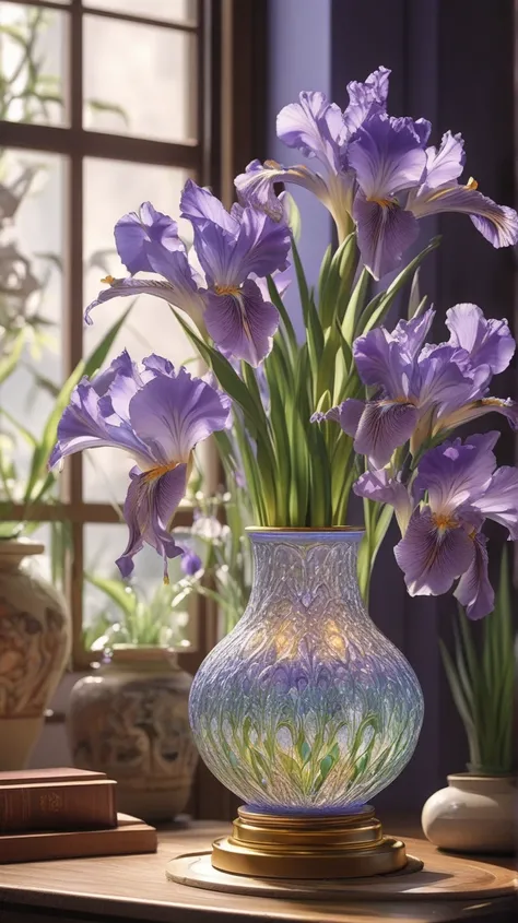   Made of clear Japanese pottery and crystal glass、there are a lot of very long beautiful irises, Narrow base  ,There are a lot of beautiful irises  , soul,  fairy tale, soul、soul,   colorful  ,  gold,  Cinematic pastel lighting  , 8k,  Bage design   、Prec...