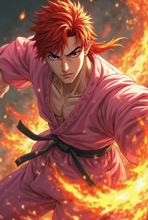  from anime, male, Red hair, with light pink blouse, With the face of a bad boy. He has a haircut called Mullet. Put him in a pink karate fighter's kimono. He's now in a fighting pose,  kicking into the air . He controls the flames. Make him more attractiv...