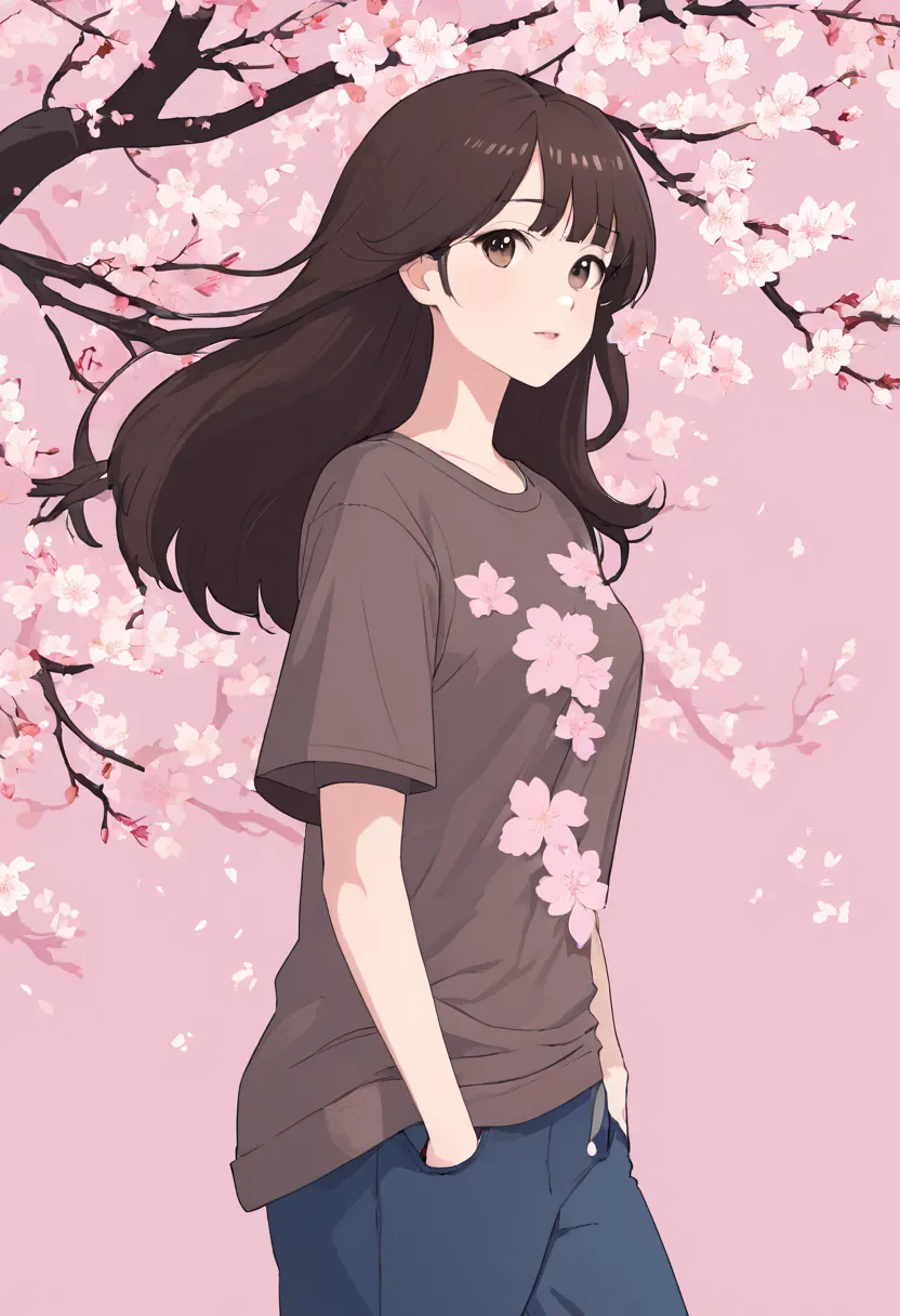 flat design,  Detailed 2D Illustration , Flat illustration, vector illustration , Graphic illustration,  Detailed 2D Illustration , Flat illustration, full body、１women solo、Dark brown hair、３８age、t-shirt、Diagonally from the side、Cherry Blossoms