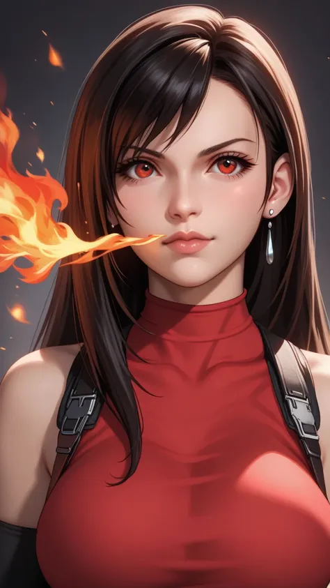 Draw Tifa from Final Fantasy smiling while her hair is crimson red and her eyes are crimson red while an aura of fire surrounds her body. 