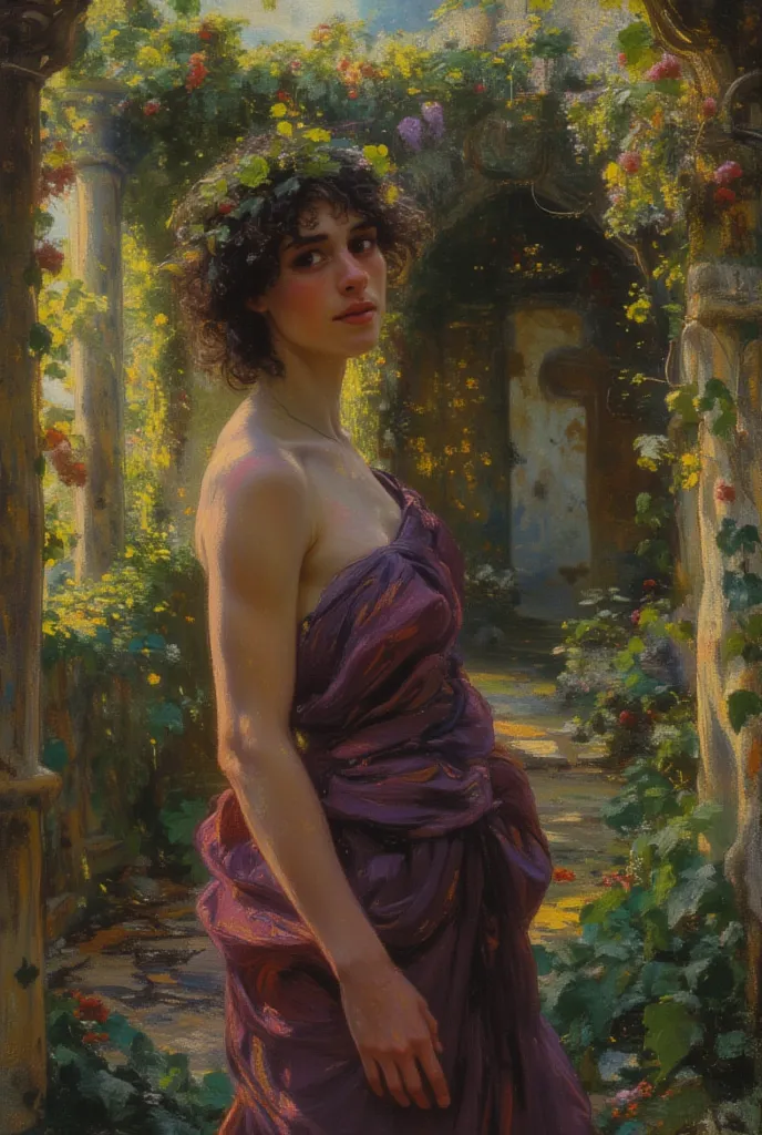 Pre-Raphaelite oil painting of Dionysus, youthful and androgynous, standing in an ancient Greek temple overgrown with ivy and wild vines. His delicate face blends masculine and feminine beauty, with soft glowing skin and dark curls crowned with fresh ivy l...