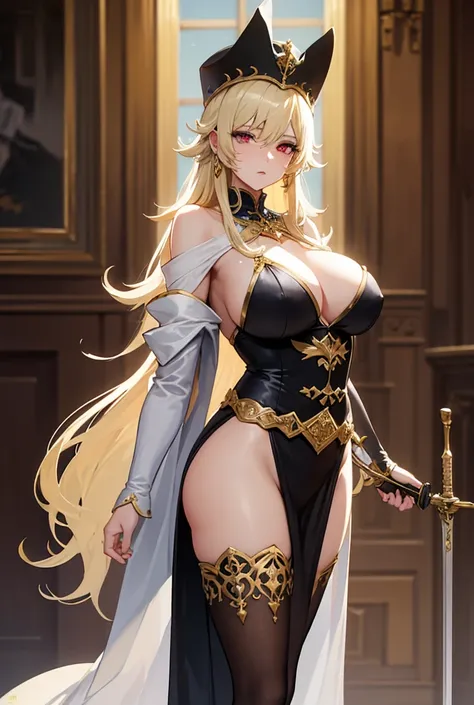 An elegant and authoritative looking woman, with an aesthetic inspired by nobility and fencing.

Physical characteristics:

she has long hair, smooth and of a platinum blonde that falls softly down her back and shoulders.  Her expression is serene and conf...