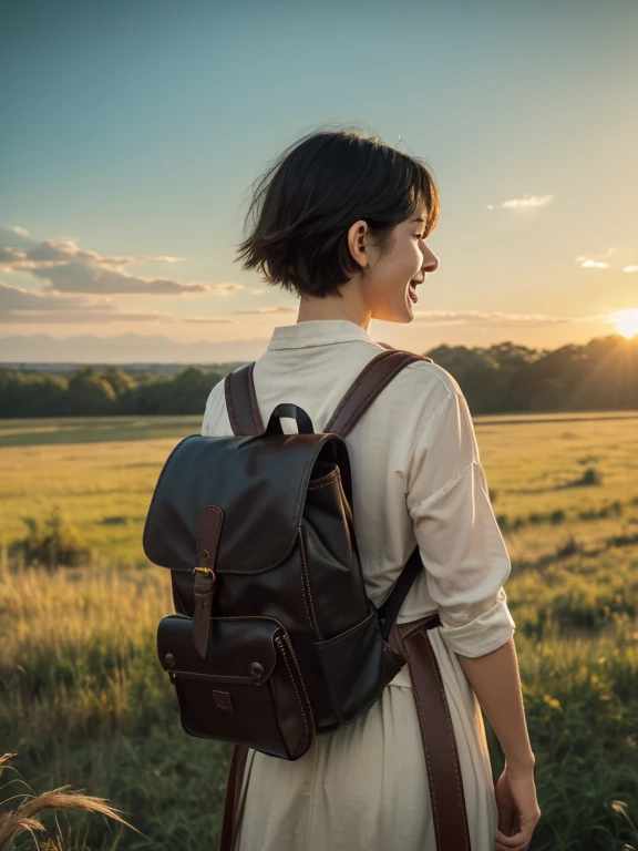 (((1 boy、1 idiot hair with black hair、 short mush hair、majestic prairie that stretches far and wide {x} carrying a small backpack on her back in an adventurer-style costume、 waist pouch、facing back、Open Your Mouth and Laugh))),standing naturally、terrain wi...