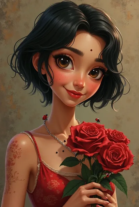 create a Brazilian brunette character,with an older appearance,with a half-furrowed face,a black dot on the chin,short hair, smooth and black at arm height s and dark brown eyes,holding roses and if possible ladybugs with roses. 