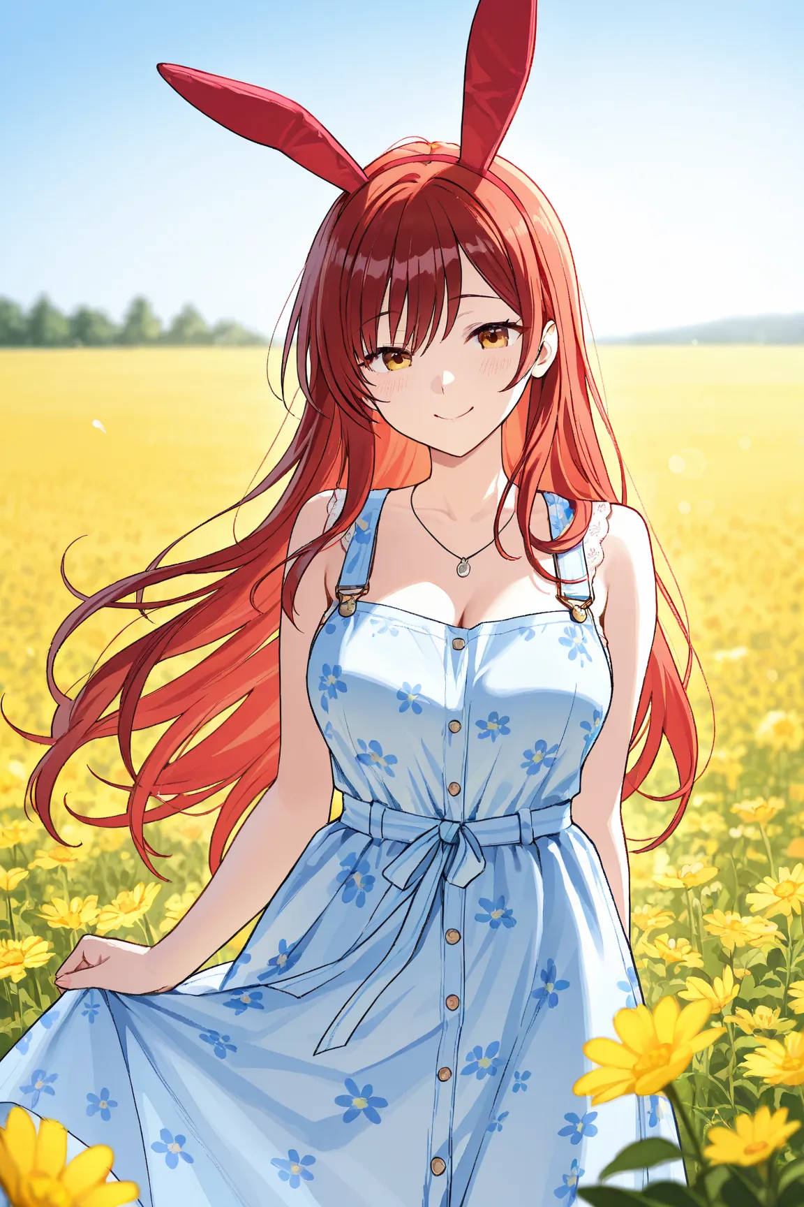 Mature bunny woman, ears upright in a sundress frolicking through a field of wildflowers on a sunny day red hair vibrant floral print