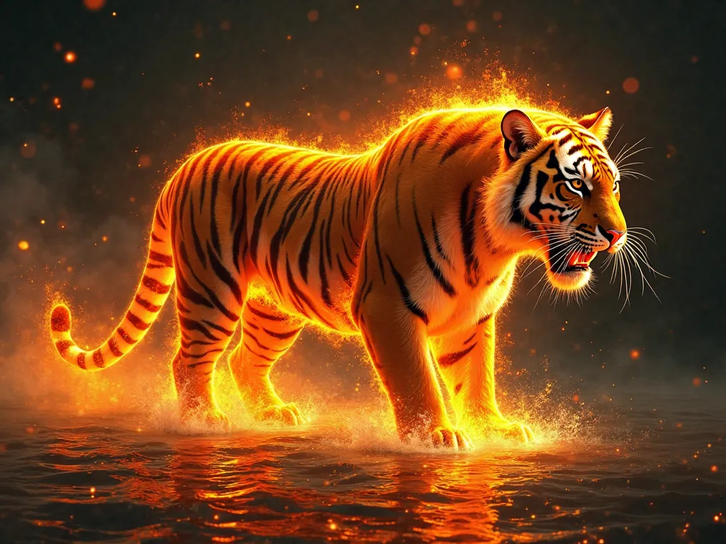 A tiger, centered in the image, is depicted in a stylized, digital painting. The tiger is covered in orange and yellow flames, giving an impression of being engulfed in fire. The tiger's muscles and fur details are visible through the flames, with a dynami...